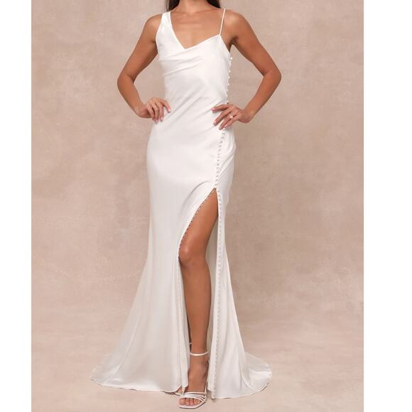 Lulus Lux Bridal NWT Unforgettable Adoration White Satin Asymmetrical Gown Dress - Picture 1 of 14